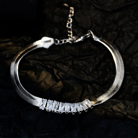 Pulsera Zirconia Plata 925 Cadena Malla Diamante Cuadrado Hueso de Serpiente Rojo Lujo