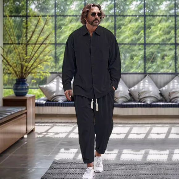 Conjunto de Dos Piezas: Camisa de Algodón y Lino + Pantalón Holgado de Manga Larga