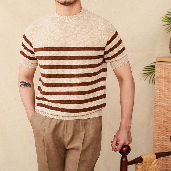 Camiseta de Algodón con Rayas - Cuello Redondo Manga Corta Comfort