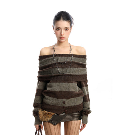 Suéter Coreano Bicolor Hombros Descubiertos para Mujer - Otoño e Invierno - Image 8