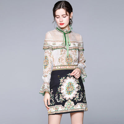 Conjunto de Dos Piezas: Blusa de Gasa con Cuello Mao y Estampado de Moño + Falda - Image 5