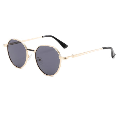 Round metal sunglasses with silver frames and dark gray lenses, featuring black temple tips, on a white background. - Image 6