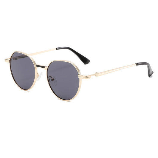 Round metal sunglasses with silver frames and dark gray lenses, featuring black temple tips, on a white background. - Image 6