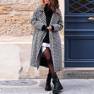 Abrigo Largo Estilo Británico con Estampado Pata de Gallo para Mujer - Image 4