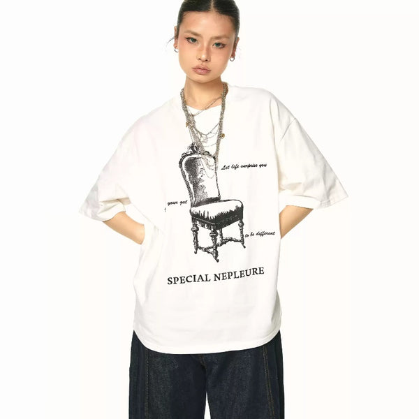 Camiseta Retro Estampada Cuello Redondo Manga Corta Holgada