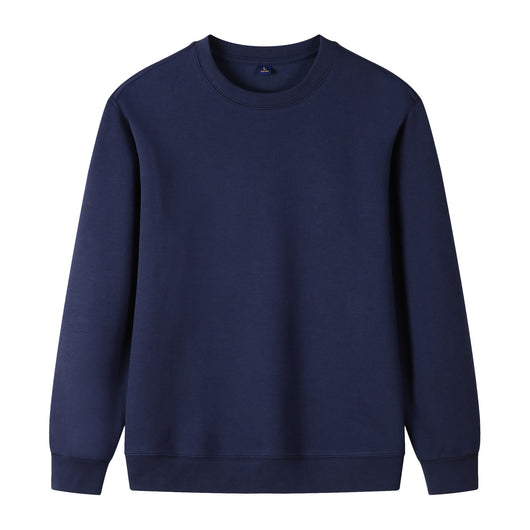 Navy blue pure cotton long sleeve round neck sweatshirt with ribbed cuffs and hem, displayed flat. - Image 4