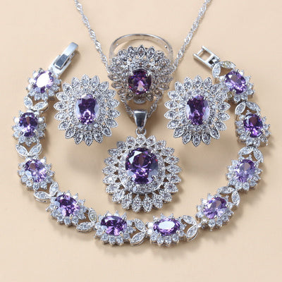 Conjunto de 4 Piezas: Anillo, Pulsera, Collar y Aretes de Granate con Circonia Cúbica - Image 9