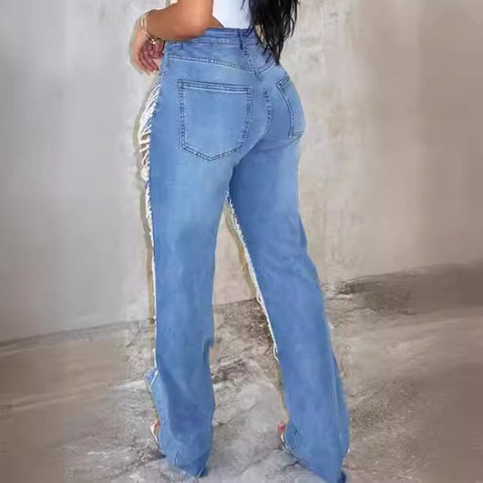 Pantalones Rectos con Adornos de Cadena de Cuentas - Image 3