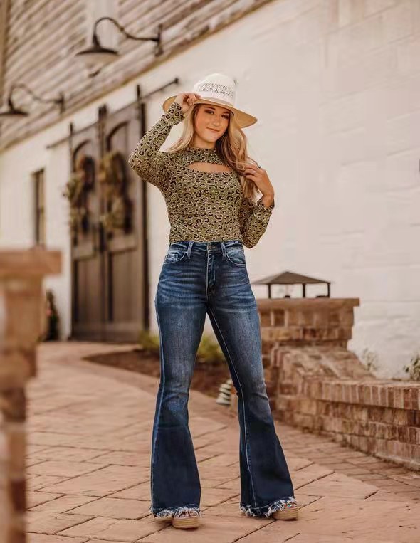 Jeans Flare de Tiro Alto Ajustado con Rotos Desgarrados