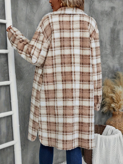 Abrigo Largo Tipo Plaid Impreso para Mujer con Doble Forro Plush y Bolsillos Laterales - Image 5