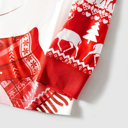 Red and white matching family Christmas pajamas with cartoon reindeer, Christmas trees, and snowman patterns. - Image 14