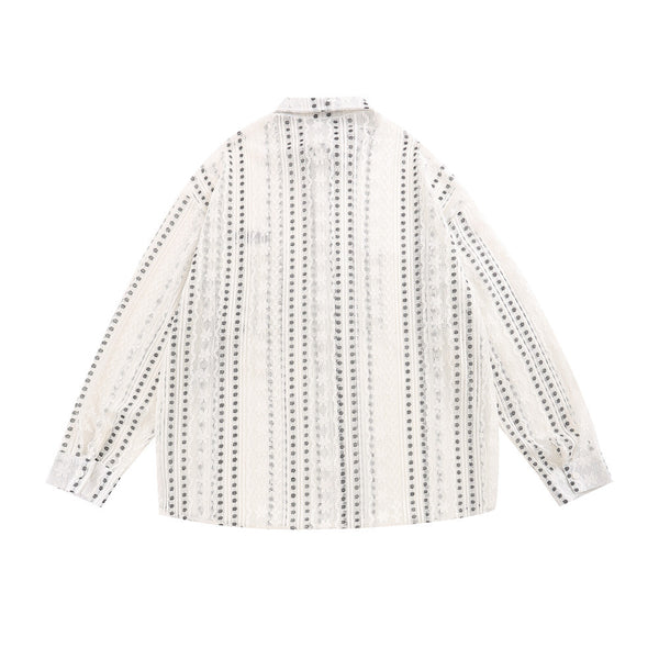 Blusa Suelta de Encaje Calado y Manga Larga con Lunares y Rayas Jacquard