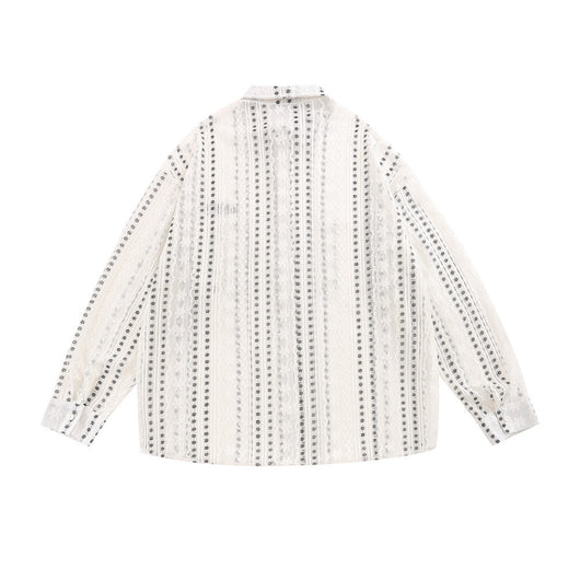 Blusa Suelta de Encaje Calado y Manga Larga con Lunares y Rayas Jacquard - Image 2