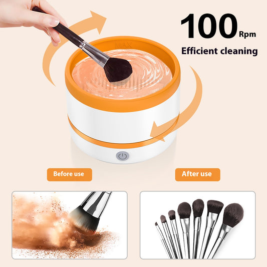 Automatic makeup brush cleaning device in white and light blue, actively cleaning a dark makeup brush.