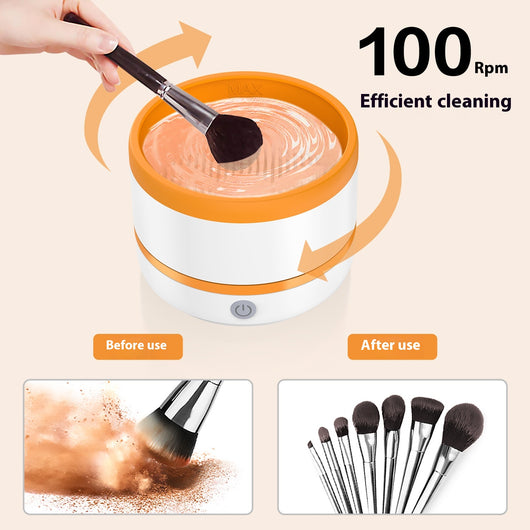 Automatic makeup brush cleaning device in white and light blue, actively cleaning a dark makeup brush.