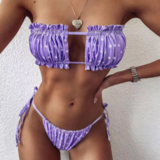 Red two-piece bikini with a ruffled bandeau top featuring a hollow-out design and matching tie-side bottoms. - Image 11