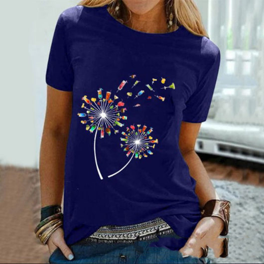 Camiseta Mujer Cuello Redondo Manga Corta Estampado Diente de León Vino - Image 16