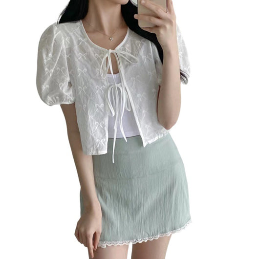Blusa Tejida con Cordones - Manga Corta Elegante - Image 4