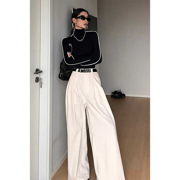 Women's White High-Waisted Straight-Leg Casual Trousers