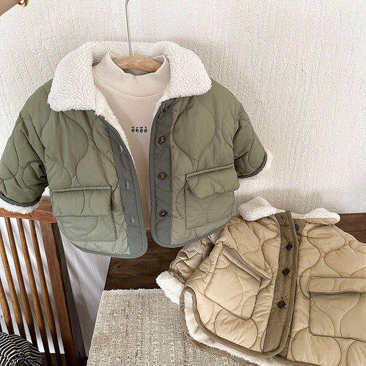 Abrigo Acolchado de Moda Coreana con Cuello de Piel de Cordero