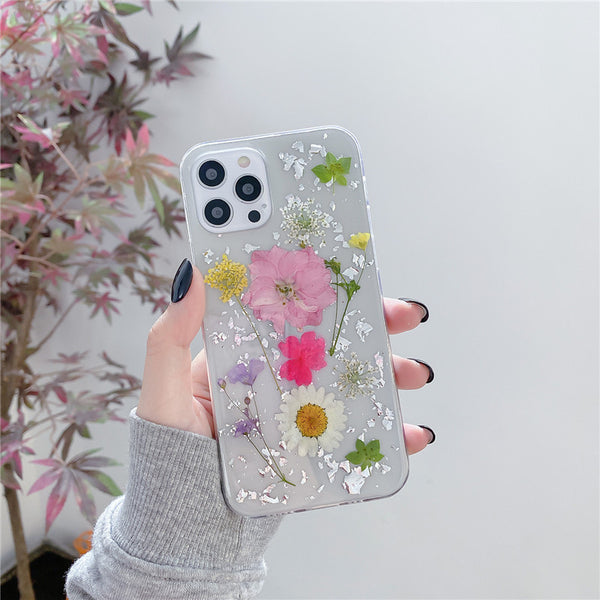 Flores Secas con Lámina de Plata para Fundas Móvil - Diseño Transparente en Resina Epoxi