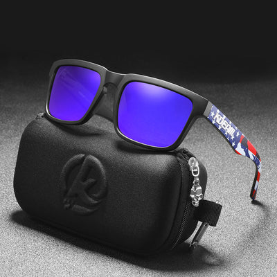 Men's and women's dazzling blue and black striped polarized sunglasses with gray lenses and a black case. - Image 25