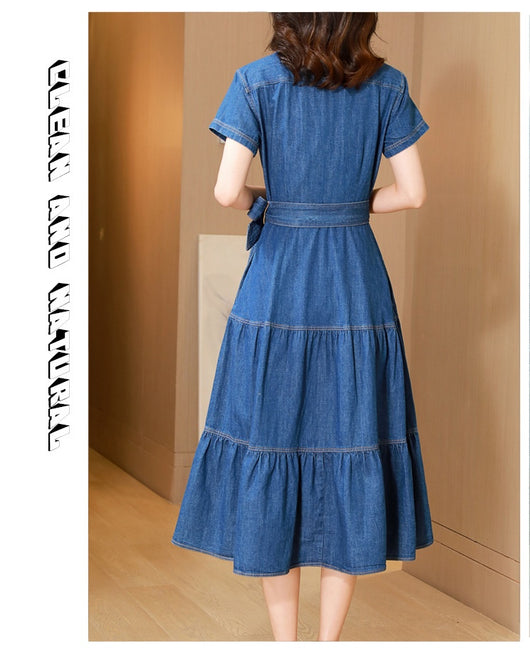 Vestido Camisero de Algodón con Falda Larga y Detalle Denim - Image 10