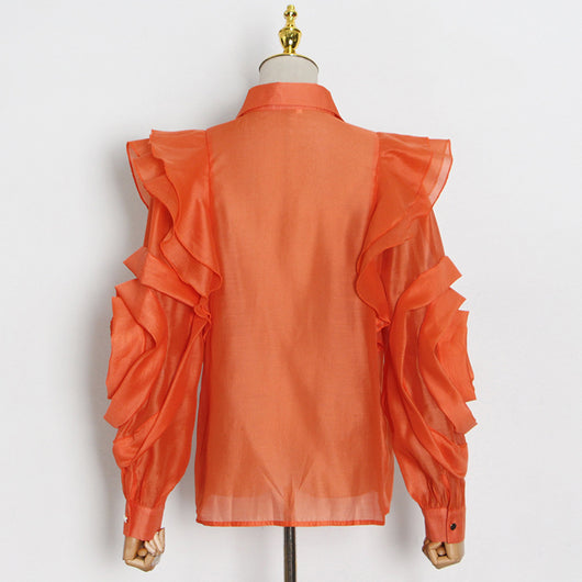 Blusa Organza Color Sólido con Cuello Solapa y Volantes - Image 16
