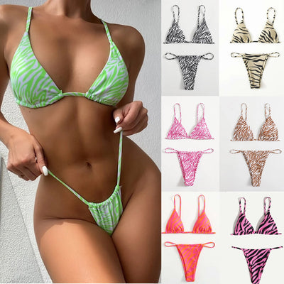 Pink and orange zebra print two-piece bikini with triangle top and high-cut tie-side thong bottom. - Image 17