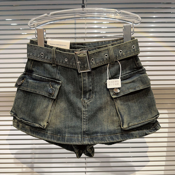 Shorts Denim Retro para Mujer con Bolsillos Grandes y Cinturón - Image 6