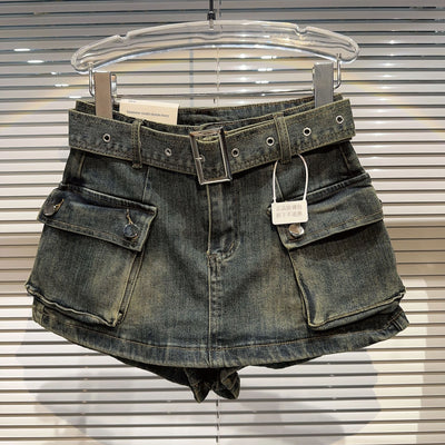 Shorts Denim Retro para Mujer con Bolsillos Grandes y Cinturón - Image 6