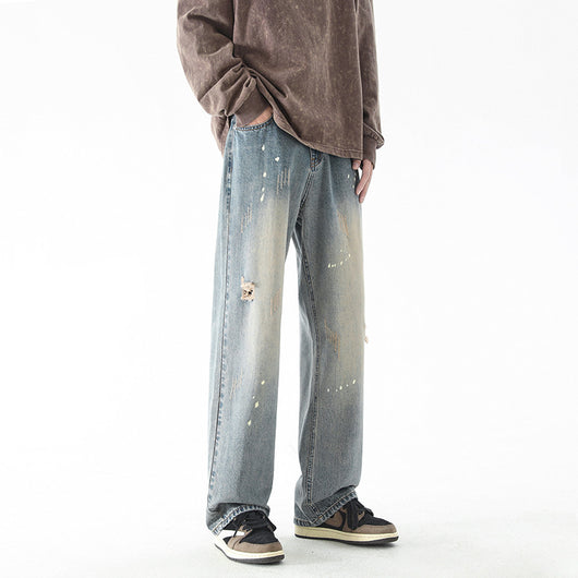 Pantalones Vaqueros Rectos con Desgarre Lavado a Agua para Hombre
