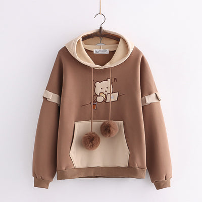 Suéter Suelto con Capucha y Bordado de Osito en Terciopelo para Mujer - Image 8