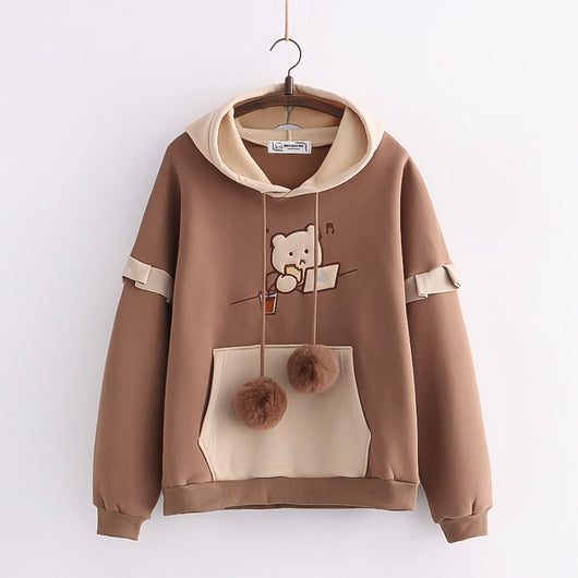 Suéter Suelto con Capucha y Bordado de Osito en Terciopelo para Mujer - Image 8
