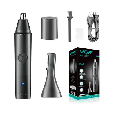 Black rechargeable 2-in-1 nose and eyebrow hair trimmer kit with USB cable, cleaning brush, and protective caps. - Image 2