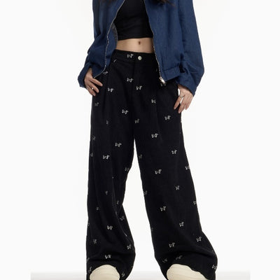 Pantalones Corduroy Retro Americano con Bordado Completo para Mujer - Corte Recto Holgado