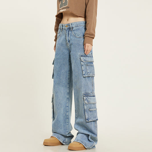 Overol Jeans Retro Lavado Multibolsillos Mujer Pantalón Recto Casual