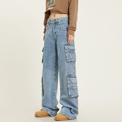 Overol Jeans Retro Lavado Multibolsillos Mujer Pantalón Recto Casual