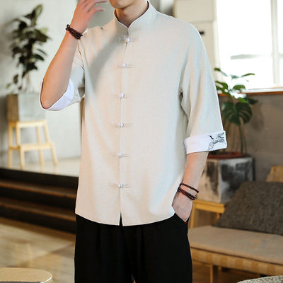 Camisa Hanfu Retro Estilo Chino con Cuello Mao y Manga 3/4 en Algodón y Lino - Image 3