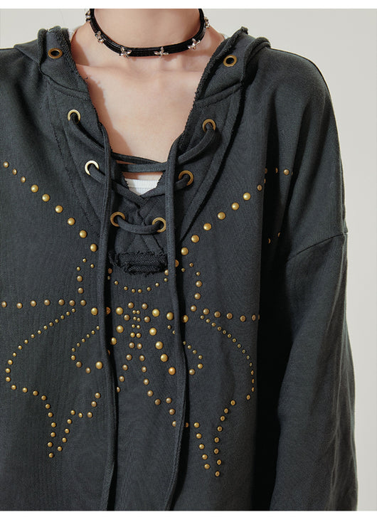 Sudadera Retro con Capucha Mujer - Cuello V Cordones y Remaches - Image 16