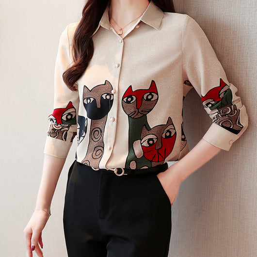 Blusa Vintage con Estampado de Gatos en Chifón para Primavera y Otoño - Image 4