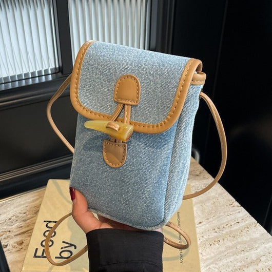 Bolsa Mensajera de Mezclilla Vertical con Botón de Cuerno para Celular Mujer
