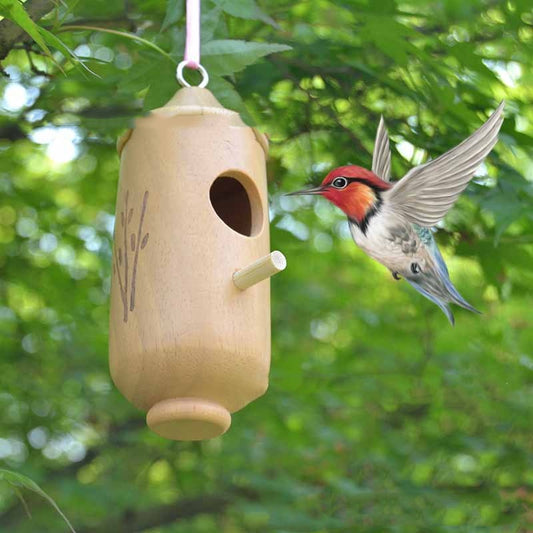 Light brown wooden birdhouse with a conical roof, circular entrance, perch, and etched branch design, hanging hook.