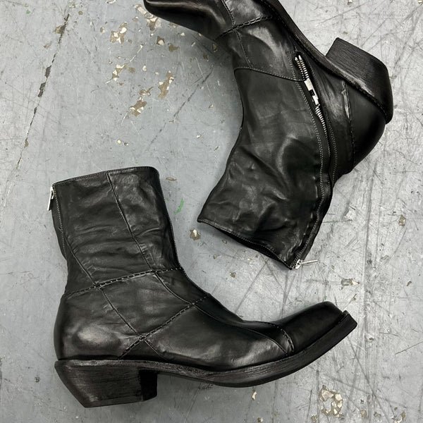 Botas Vaqueras Patchwork Retro con Costura Oscura y Punta Cuadrada