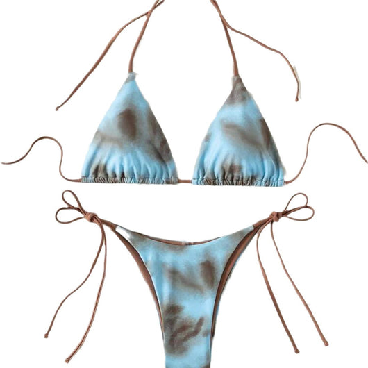 Women's two-piece bikini swimsuit with blue and neon yellow tie-dye pattern, featuring a triangle top and tie-side bottom. - Image 5
