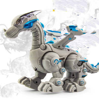 Gray and blue electric mechanical dinosaur toy with clear wings, designed for walking, water spray, and lights. - Image 3