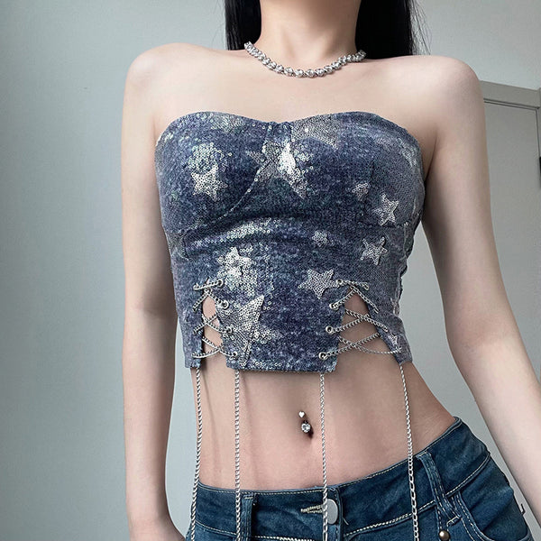 Sostén Vaquero con Lentejuelas Estrellas y Cadena Delgada - Diseño Hot Girl
