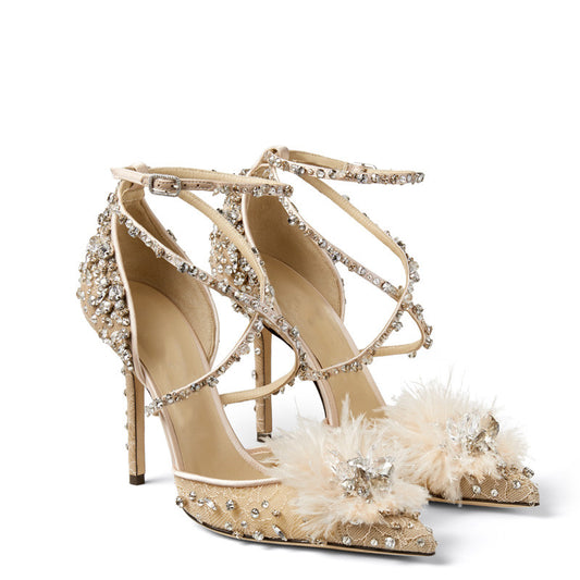 Zapatos de Tacón Nude con Encaje y Cristales Florales