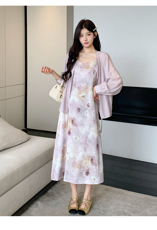 Conjunto Dos Piezas: Vestido Slip Estampado Morado con Cardigan Suave - Image 11