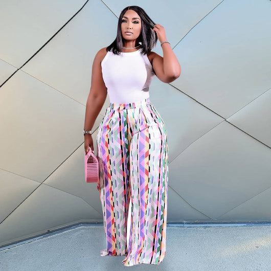 Pantalones Anchos Estampado Floral Geométrico con Cintura Elástica para Mujer - Image 9